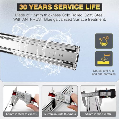 yenuo heavy duty drawer slides full extension ball, close-up detail