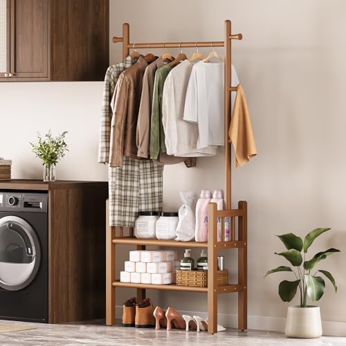 yoobure solid wood clothing rack with shelves on a desk or shelf