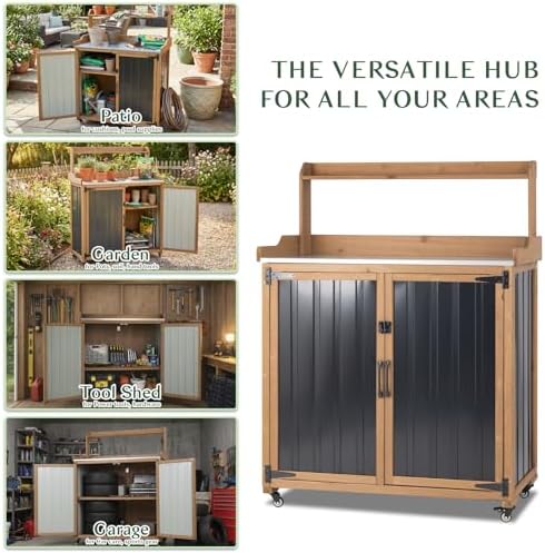 outdoor storage cabinet with 4 wheels and handle showing dimensions