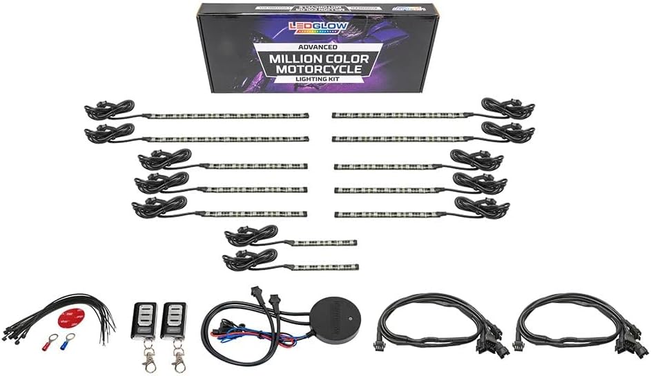 LEDGlow 12pc Bluetooth Advanced Million Color LED Motorcycle Accent Underlow Lighting Kit - Smartphone App - Dual Zone & Brake Lights Feature - Waterproof Control Box - Multi-Color Flexible Strips