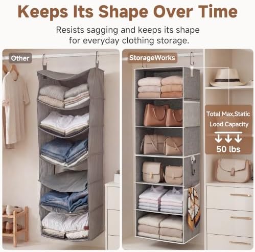 storageworks hanging closet organizer, 6-shelf with 2-in-1 design showing dimensions