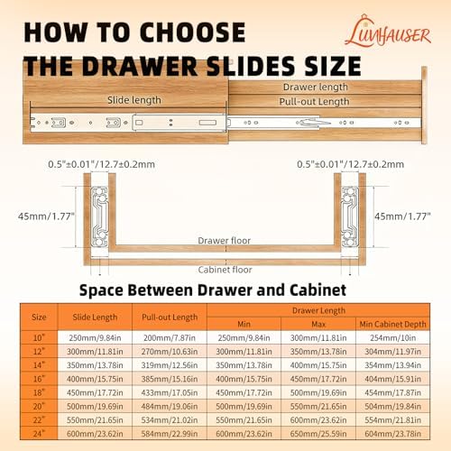 10 pair side-mount 3-section full extension drawer slides,16 showing dimensions