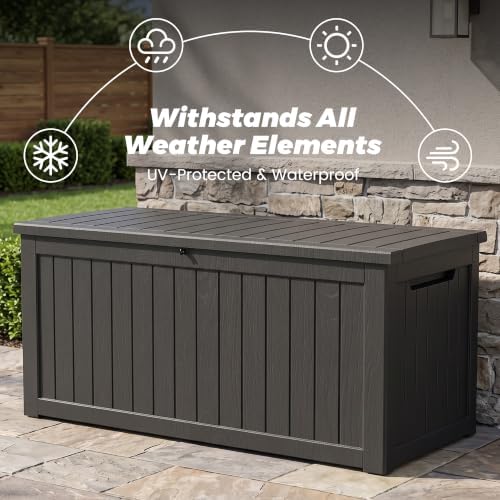 280 gallon outdoor storage box waterproof, lockable resin, front angle view
