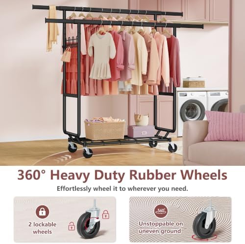 hoctieon 2-minute assembly double rod clothes rack, heavy showing dimensions
