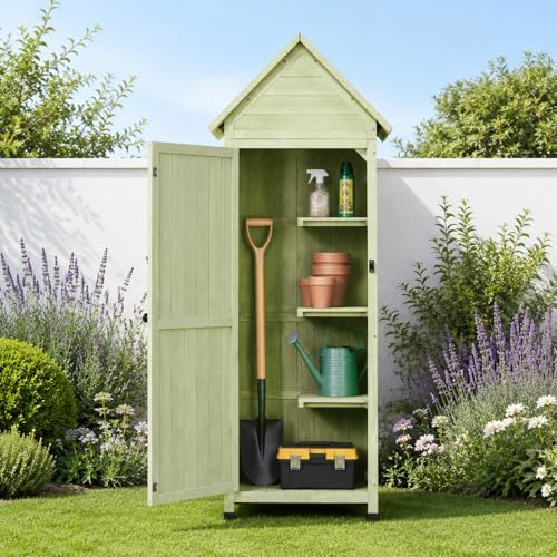 wooden outdoor storage cabinet,tall vertical garden tool shed, front angle view