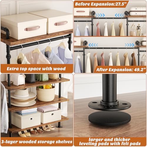 aheaplus industrial pipe clothing rack, expandable garment rack showing dimensions