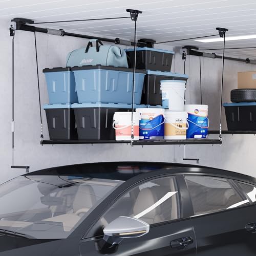 fleximounts garage lifting metal rack, 4x4 ft overhead on a desk or shelf