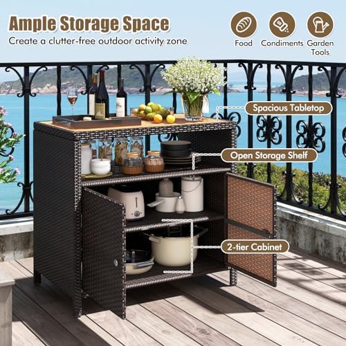 happygrill outdoor rattan storage cabinet, patio sideboard buffet showing dimensions