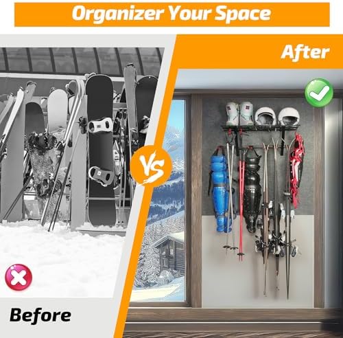 plkow wall-mounted ski and snowboard storage rack, 2-pack, front angle view