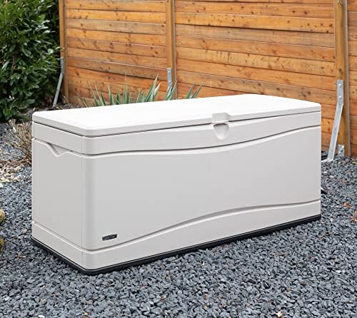 lifetime 60040 deck box, 130 gallon, desert sand shown in use