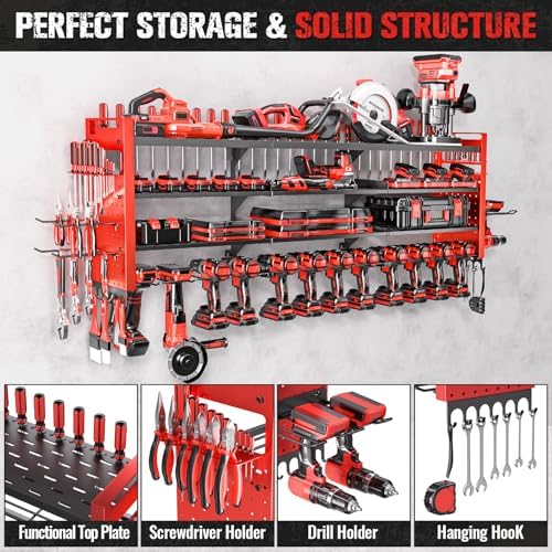 49.8" power tool organizer wall mount,holds 14 cordless, close-up detail