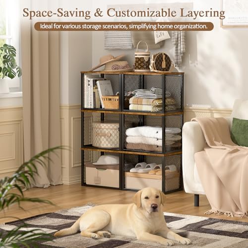 stackable closet organizers and storage basket, closet shelves, front angle view