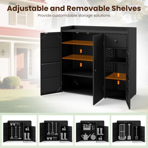 tangkula rattan outdoor storage cabinet with 2 adjustable, side view