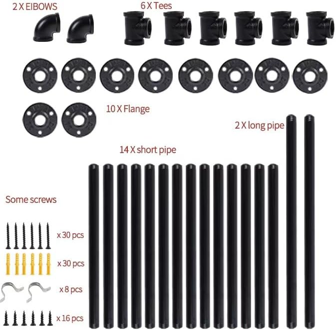 industrial pipe shelving system with 4 tiers, black, front angle view