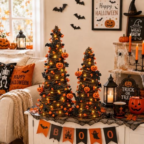 2Pack Lighted Halloween Tabletop Trees with Timer, Pumpkin Bat Decor