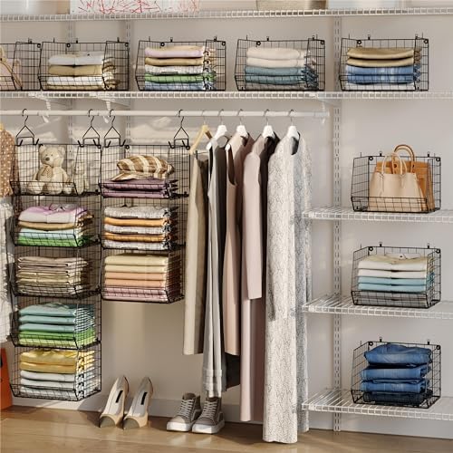 x-cosrack 5 tier closet hanging organizer, clothes hanging, side view