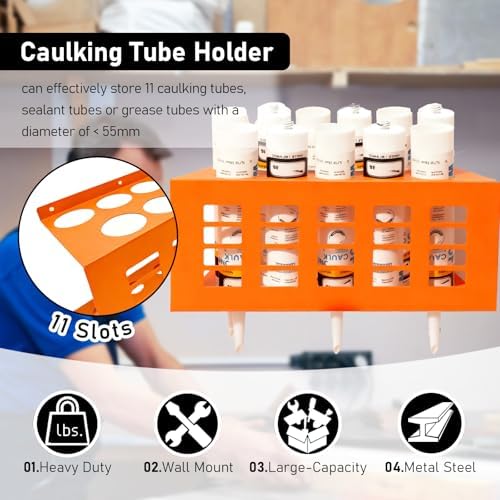 metal wall mount caulking tube holder rack, orange, close-up detail
