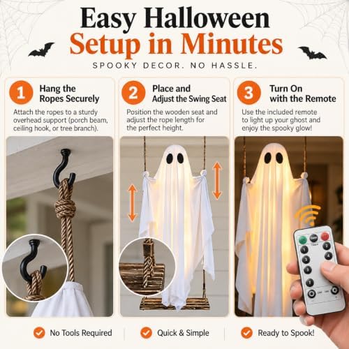 Halloween Hanging Swinging Ghost, 5 FT Light Up Ghost Porch Decor with IP65 R...