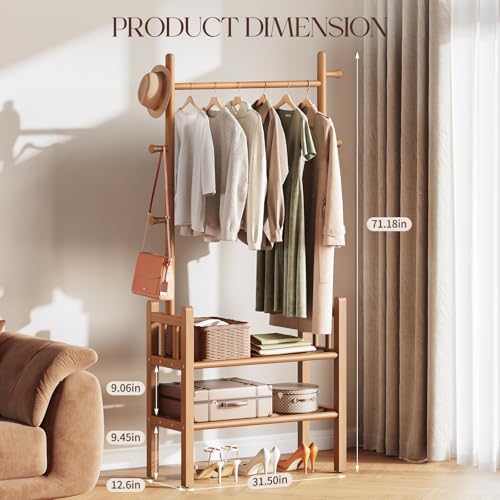 yoobure solid wood clothing rack with shelves shown in use