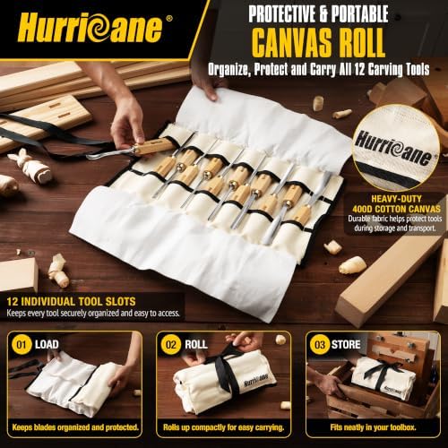 hurricane 12-piece starter wood carving tools set, professional on a desk or shelf