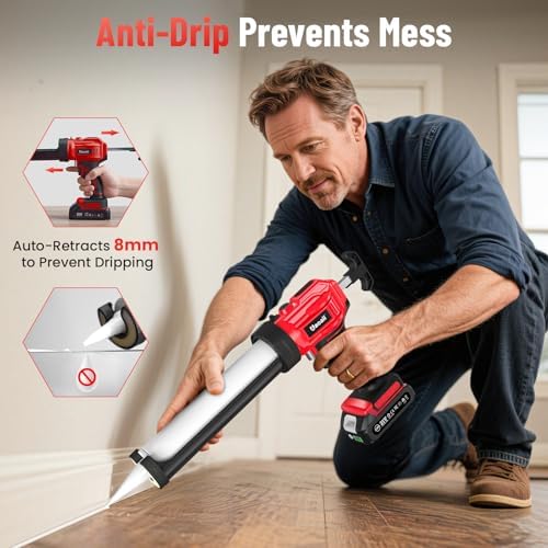 electric caulking gun, cordless caulk gun with 2x showing dimensions