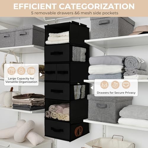 granny says hanging closet organizer, 5 drawers, 6 showing dimensions