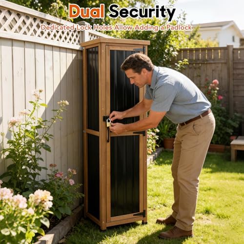 outdoor storage cabinet, wood & metal storage shed, close-up detail