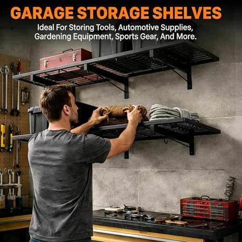 garage wall shelving, 46" × 12" wall mounted, front angle view