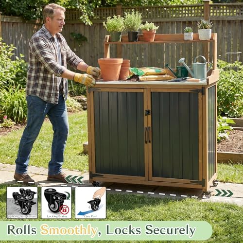 outdoor storage cabinet with 4 wheels and handle, close-up detail
