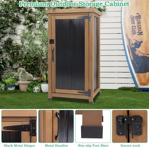 small outdoor storage cabinet weatherproof, wood garden potting, side view