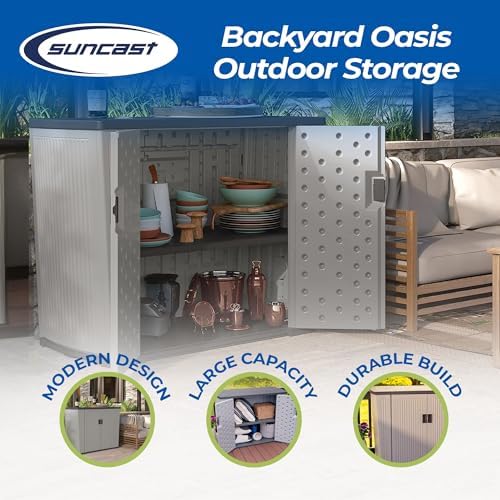 suncast xl outdoor storage cabinet, 130 gal, lockable shown in use