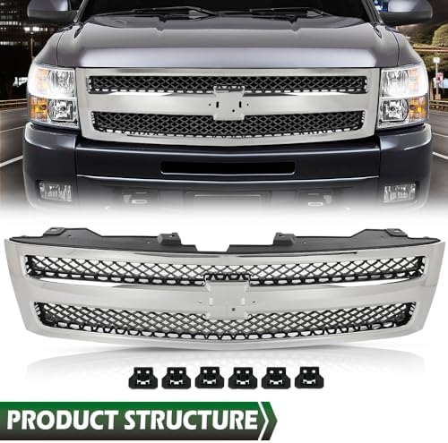 GRAND ORANGE Front Bumper Grille Compatible with Chevy Silverado 1500 Hybrid/XFE 2009-2013, Fit Chevy Silverado 1500 LS/LT/LTZ/WT 2007-2013 Chrome
