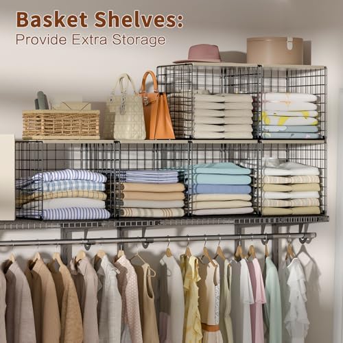 stackable closet organizers and storage, shelves with wood, front angle view
