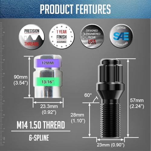 Wheel Accessories Parts 20 Pcs M14 x 1.50 Thread Acorn Seat Spline Lug Bolt Black Finish 28mm Shank Length Car Spline fits Land Rover Range Rover ｜ Volvo S60 S90 XC40 XC60 XC70 XC90 ｜ Older BMW