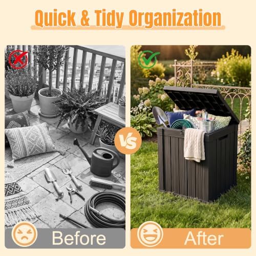 outdoor storage box,70 gallon waterproof resin patio deck showing dimensions