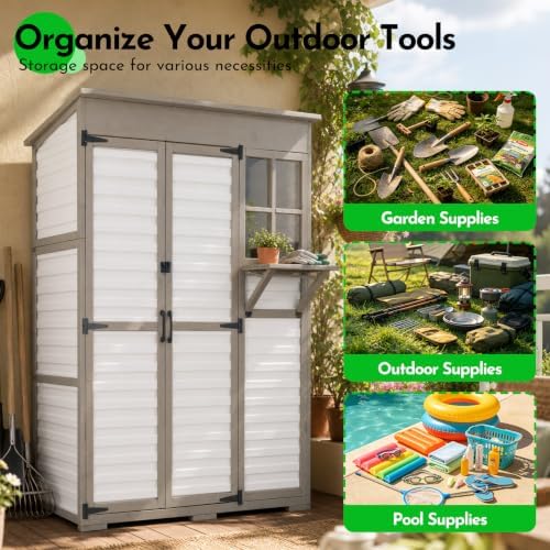 large outdoor storage cabinet with dual-zone shelves, garden on a desk or shelf