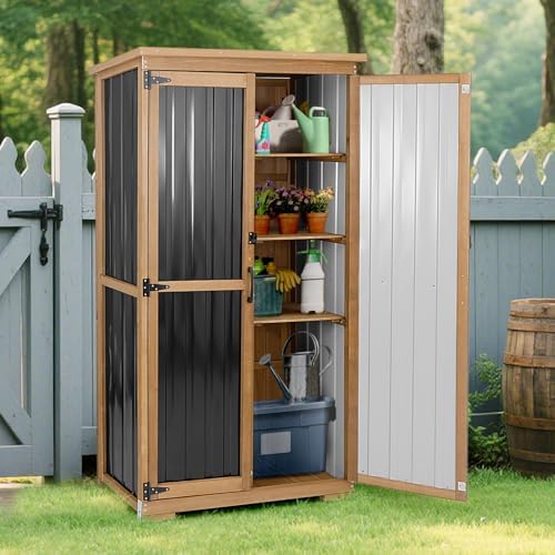 outdoor storage cabinet, wood & metal storage shed, close-up detail