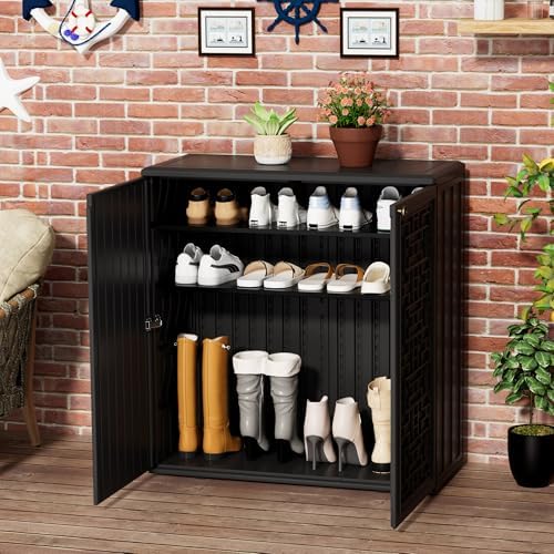 mrosaa outdoor storage cabinet waterproof with shelf,resin storage, front angle view