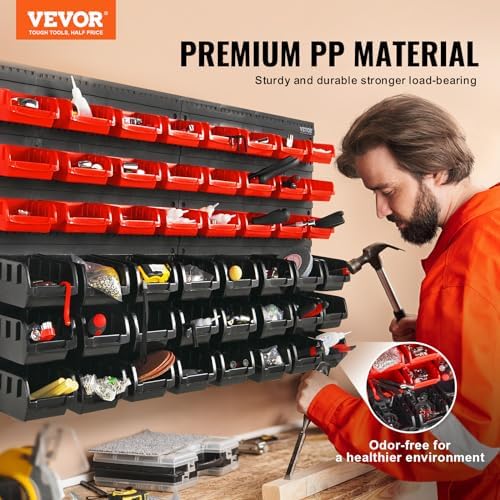 vevor 48-bin wall mounted storage bins parts rack shown in use