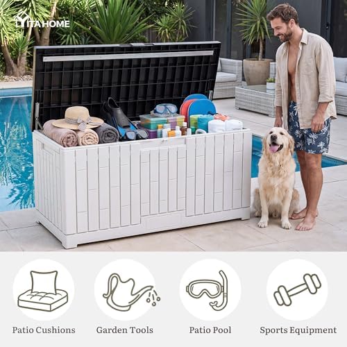 yitahome 120 gallon outdoor storage deck box on a desk or shelf
