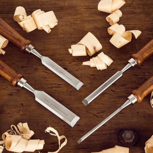 4-piece wood chisel set for woodworking, sharp cr-v, close-up detail