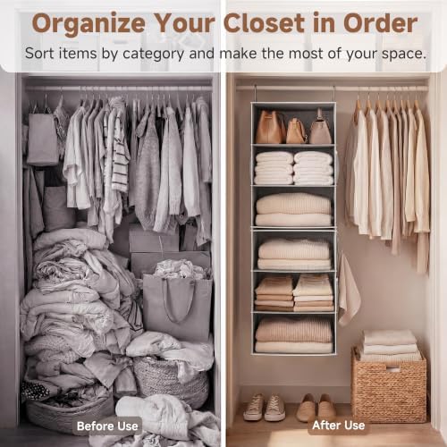 storageworks hanging closet organizer, 6-shelf with 2-in-1 design, side view