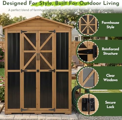 outdoor wooden storage shed cabinet with 6 adjustable, close-up detail