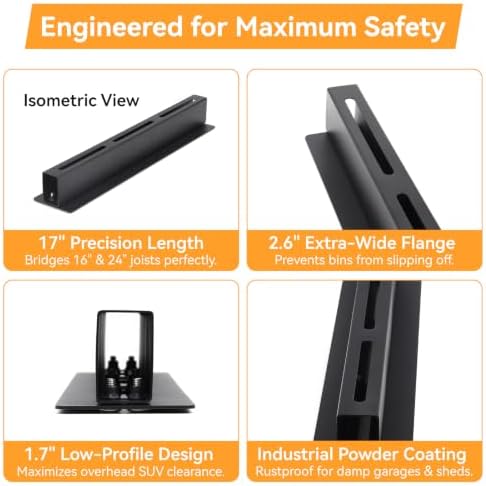garage ceiling storage racks for 4 bins, 17", close-up detail