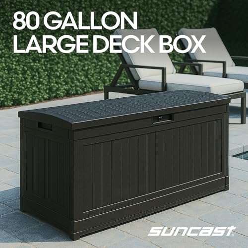 suncast 80 gal, large outdoor patio deck box shown in use
