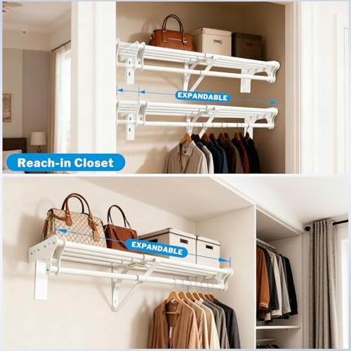 steel closet shelf with hanging rod, 52-95'' expandable on a desk or shelf