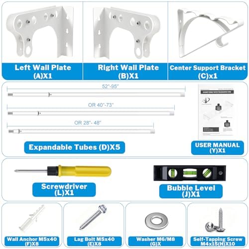 steel closet shelf with hanging rod, 40-73'' expandable, front angle view