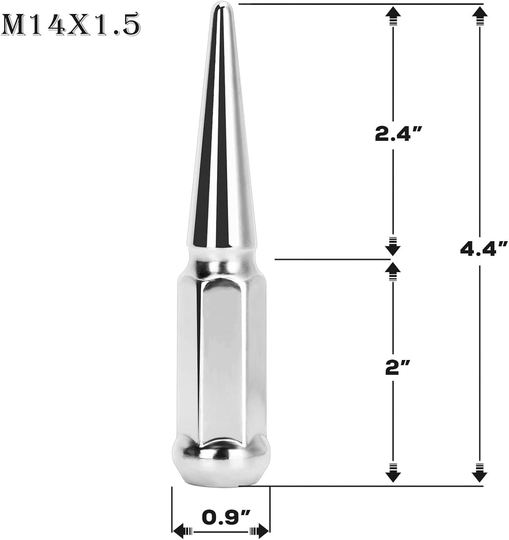 DYNOFIT 14mmx1.5 Spike Lug Nuts, 32PCS Chrome M14x1.5 Lug Nut, 4.4 inch Tall Closed End Nuts with 1 Socket Key Compatible with 1999-2026 Chevy Silverado 1500 GMC Sierra 2500HD,2003-2026 F250 F350