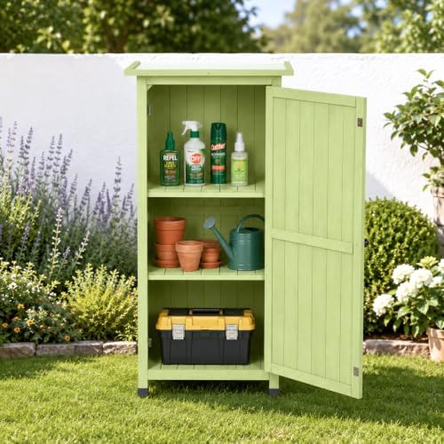 wooden outdoor storage cabinet, vertical garden tool shed, front angle view