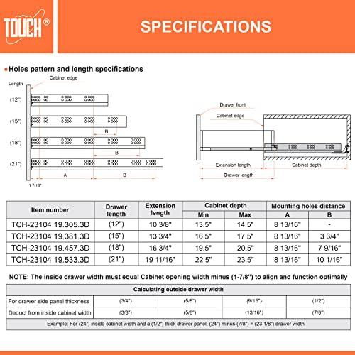 undermount drawer slides 21 inch, soft-close, for 3/4 showing dimensions